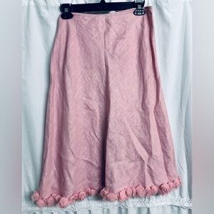 Zelie Pink 100% Linen, Ruffle Silk Hem, Feminine Below Knee, A-Line Skirt Sz 12